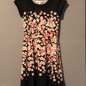 Floral print black dress, peachy orange flowers